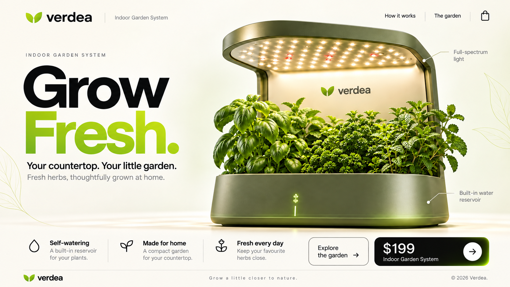 Verdea indoor garden website concept with a self-watering planter and Grow Fresh headline